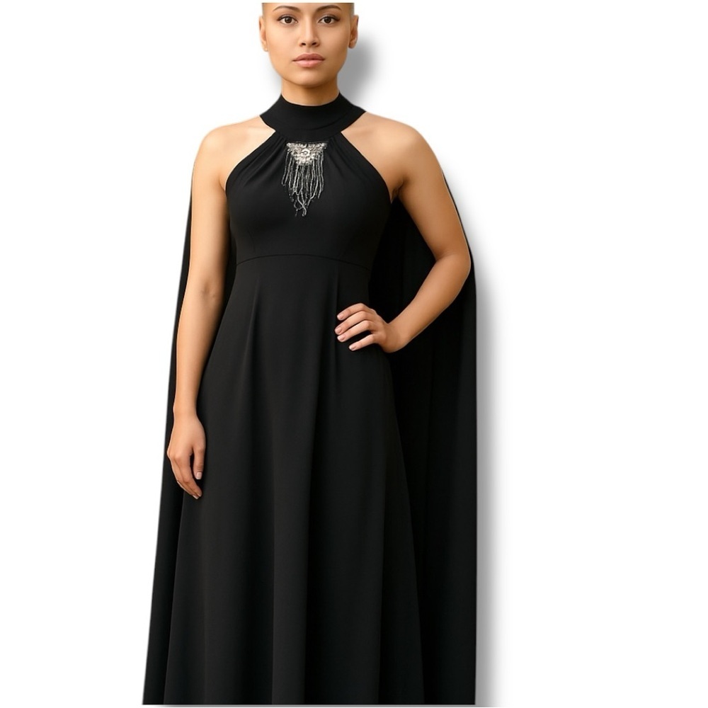 Vintage 70s Orite Cape Dress Black Maxi Long Goth Formal Beaded Evening Sz Small